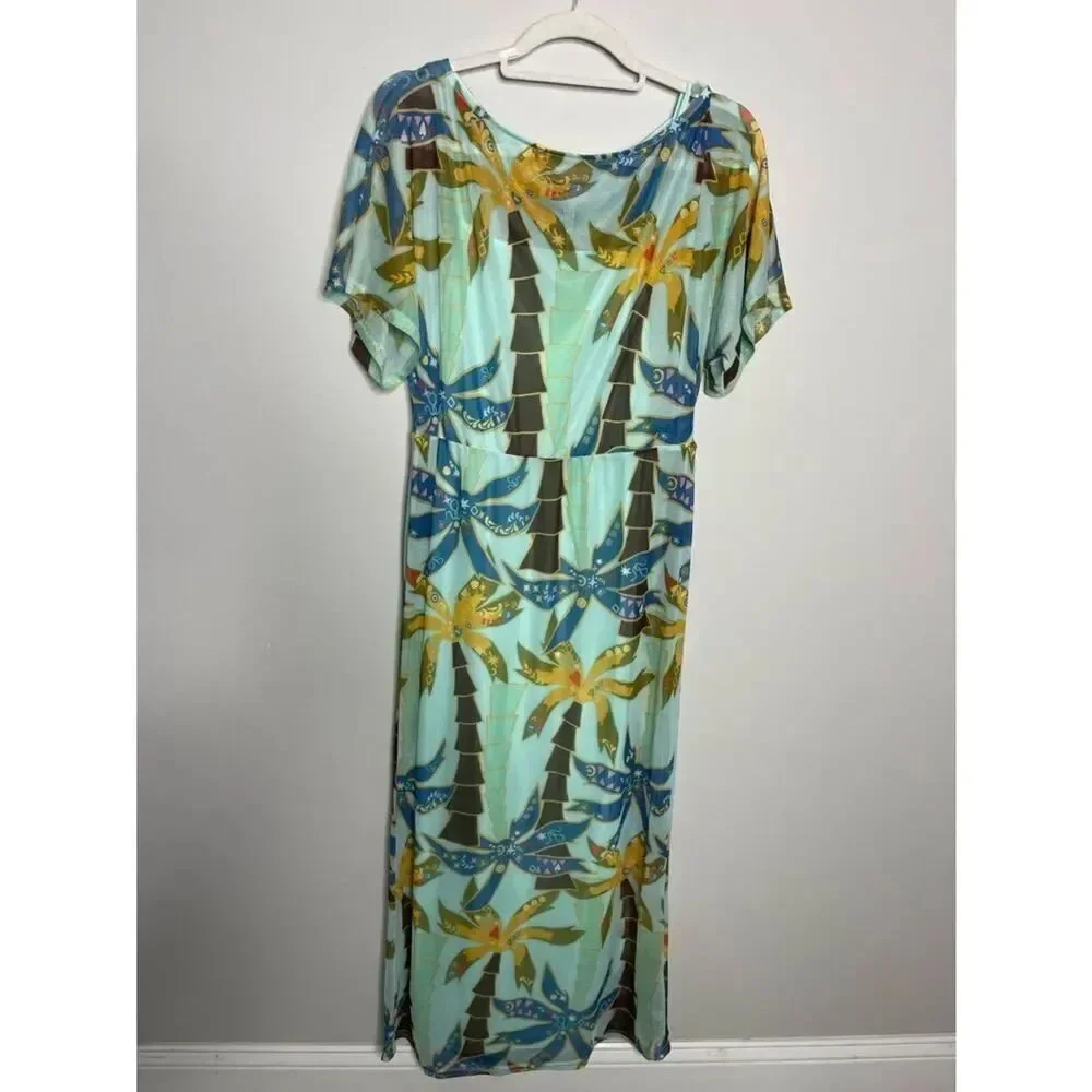 Never Fully Dressed Tilly off asymmetric mesh maxi dress in blue palm print New